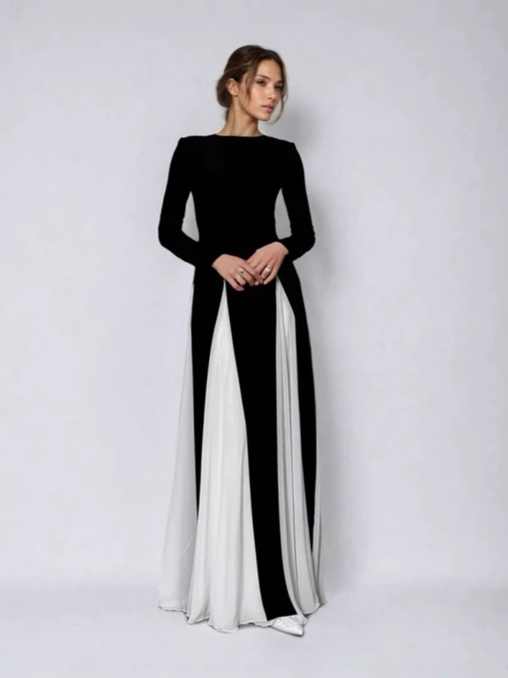 Fall Winter Round Neck Color Block Long Sleeve High Waist Slim Chic Retro Dress - Picture 6 of 6